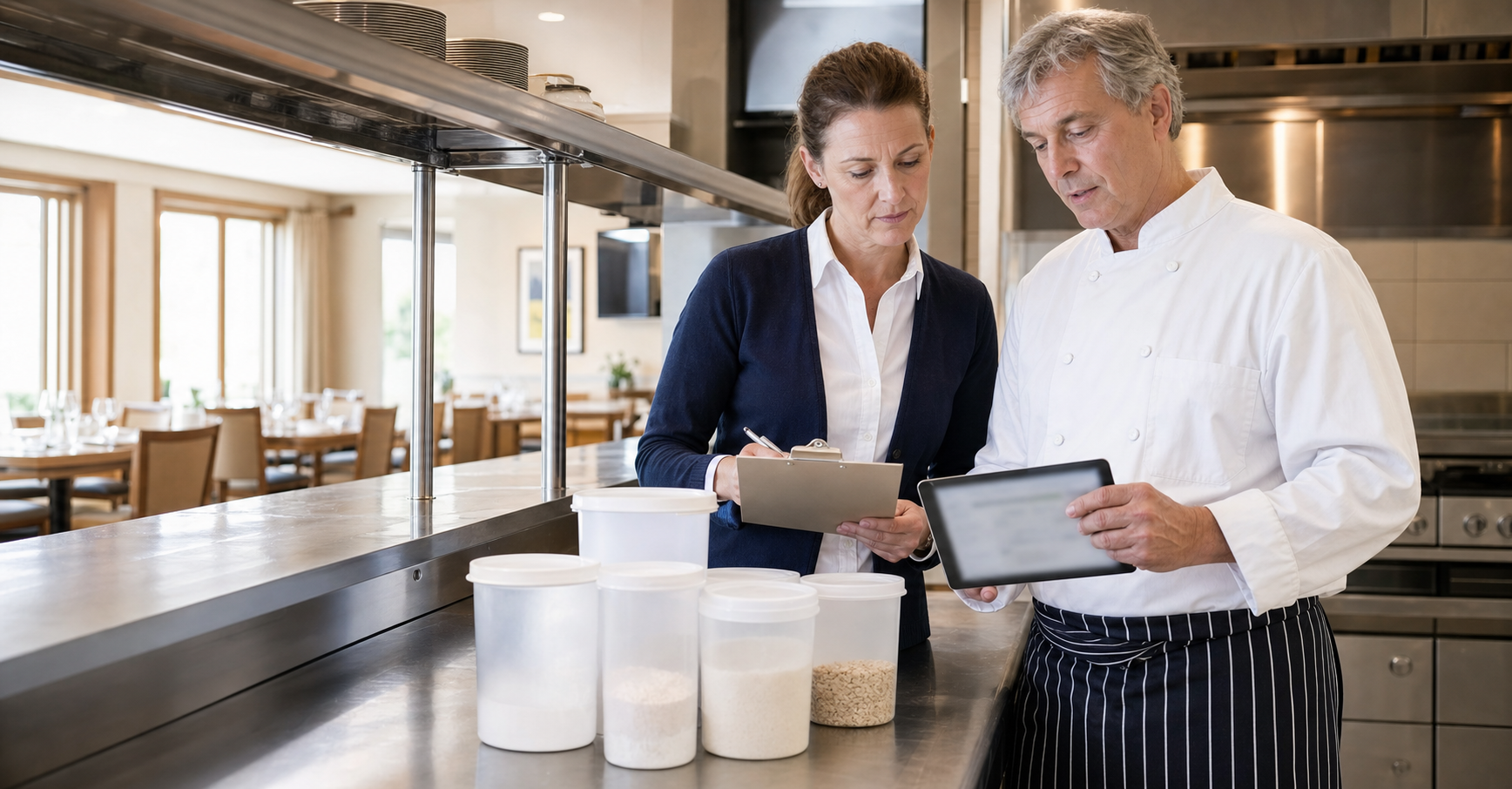 Senior living dining manager and chef conducting a brand-neutral ingredient recall drill