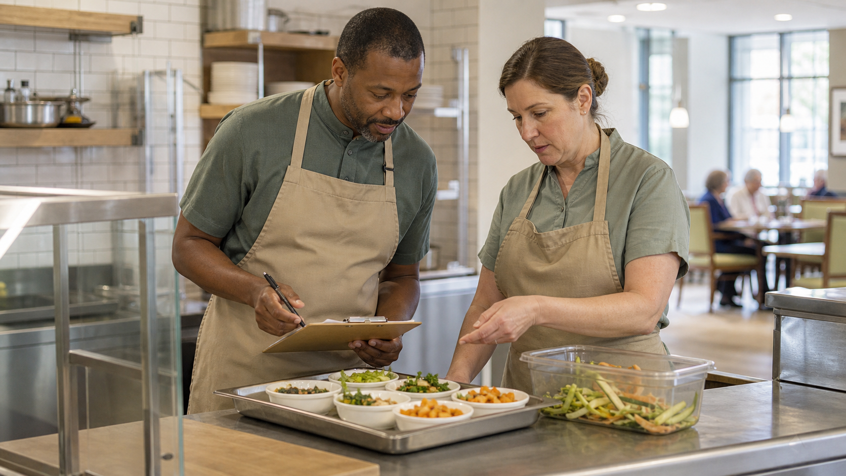 Senior living dining staff reviewing prepared portions and vegetable trimmings